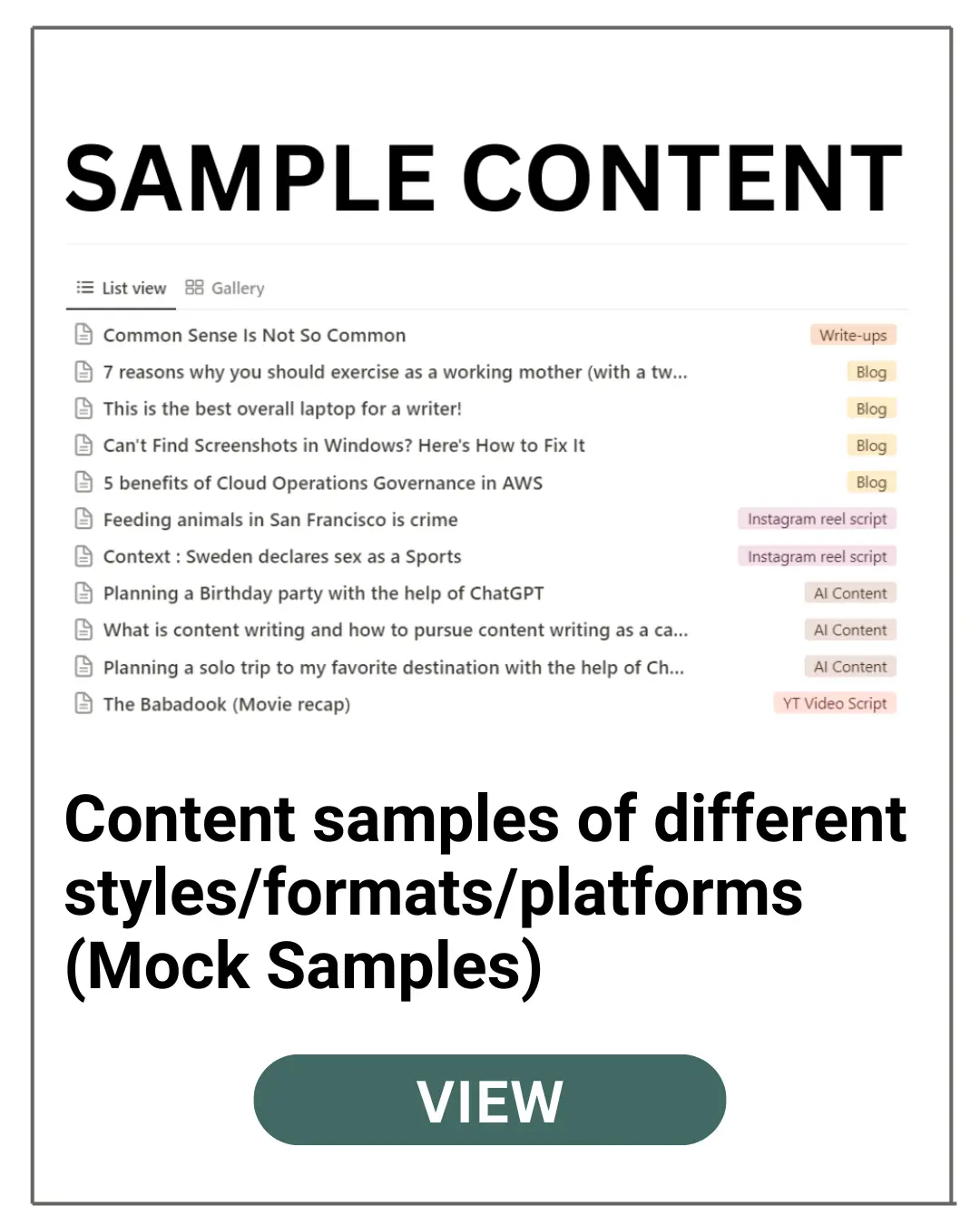 Content samples of different styles/formats/platforms (Mock Samples)